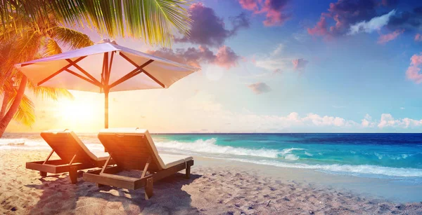 Two Deckchairs Parasol Tropical Beach Sunset — Stock Photo, Image