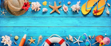 Beach Accessories On Blue Plank - Summer Holiday Banner clipart