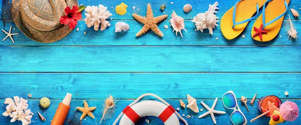 Beach Accessories Blue Plank Summer Holiday Banner — Stock Photo, Image