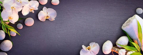 Wellness Konzept Weiße Orchidee Und Massagesteine — Stockfoto