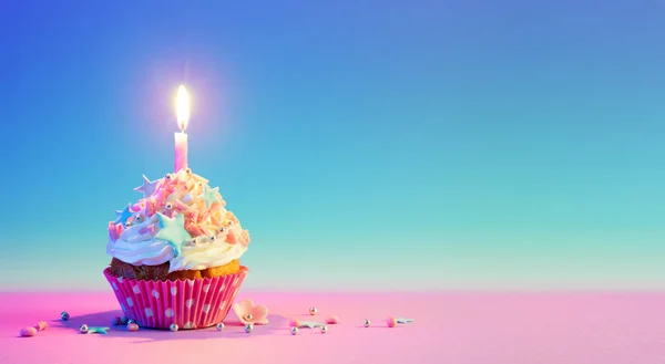 Birthday Cupcake One Candle — Stock Photo, Image