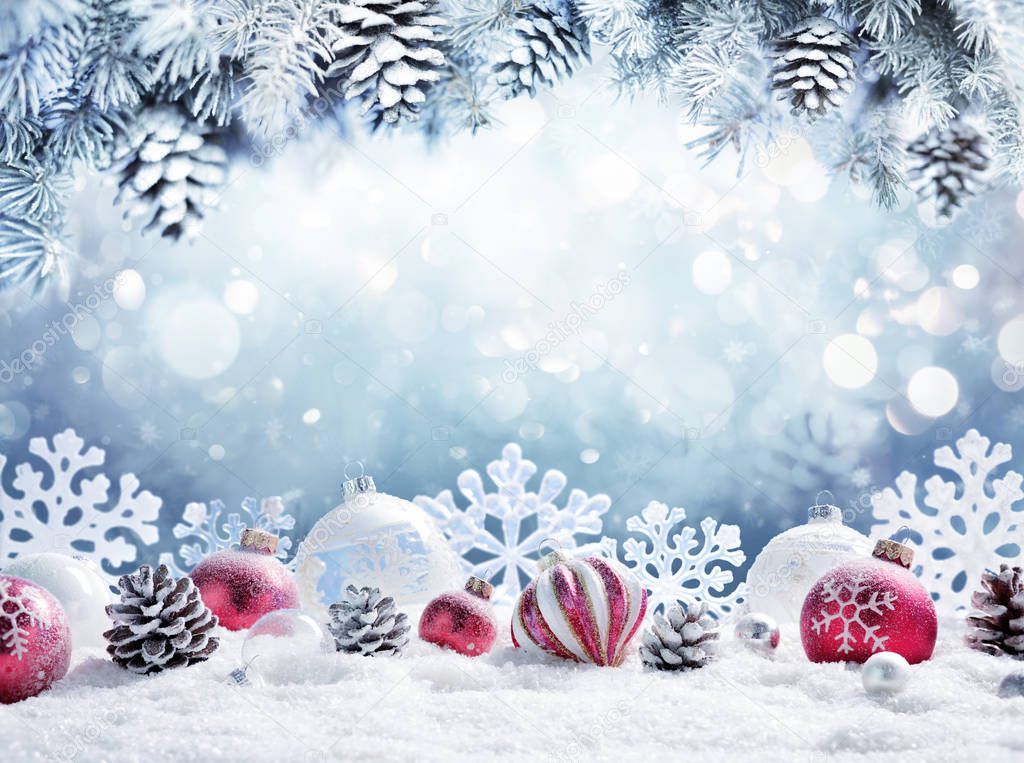 Christmas Card - Baubles On Snow With Snowy Fir Branches