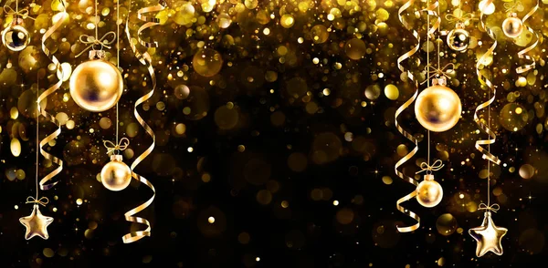 クリスマス バナー 黒の背景に光沢のあるボールをぶら下げでキラキラ — ストック写真