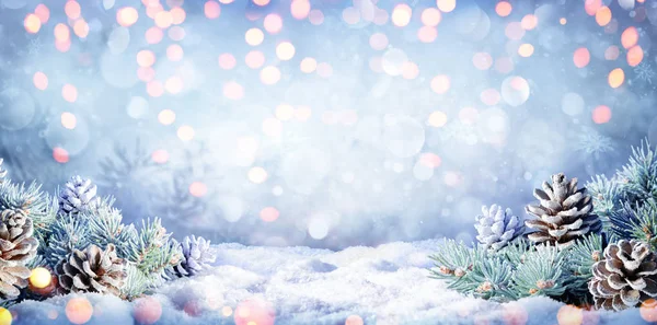 Зимний Фон Ветвями Ели Снегу Огни — стоковое фото