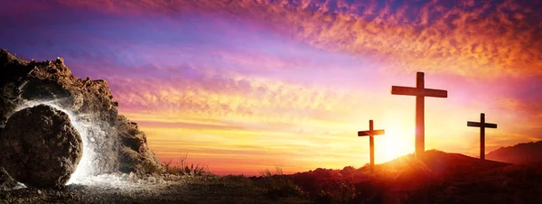 Resurrección Tumba Vacía Con Crucifixión Amanecer —  Fotos de Stock