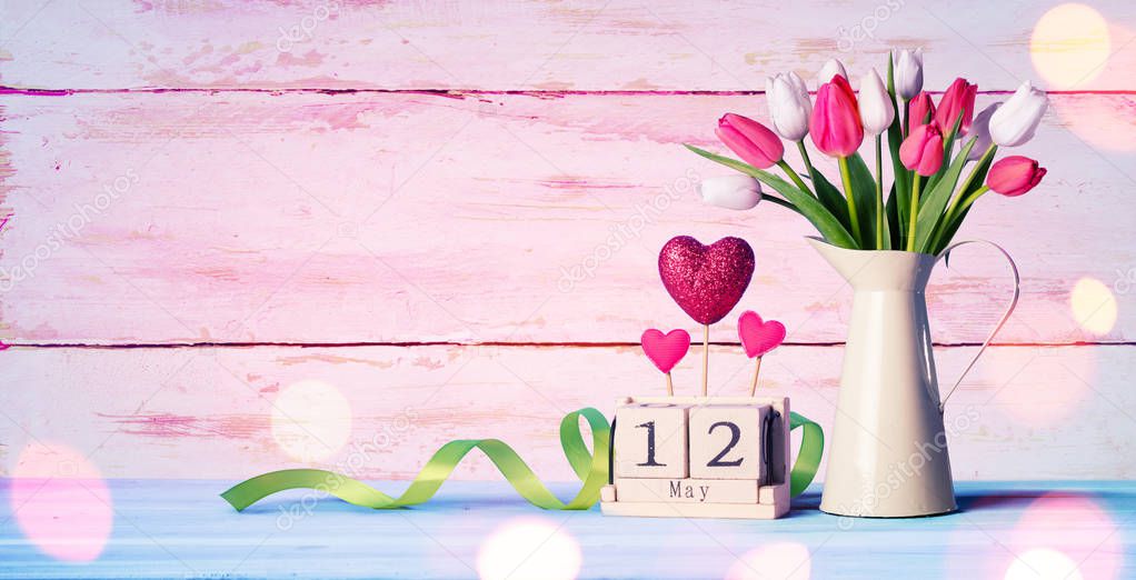 Mothers Day Greeting Card - Tulips And Calendar On Shabby Table