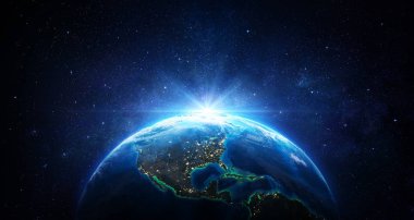 Uzayda Sunrise - Şehir Işıkları ile Mavi Dünya - Nasa tarafından döşenmiş bu görüntünün Abd unsurları - 3d Rendering