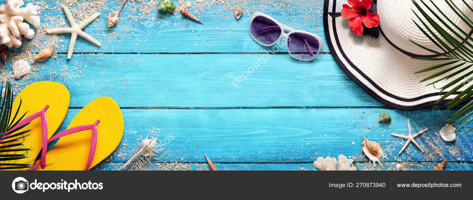 Summer Beach Background Hat Sunglasses Blue Plank Palm Shells Stock ...