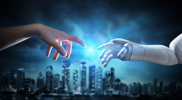 Mano Humana Robótica Tocando Los Dedos Creación Inteligencia Artificial —  Fotos de Stock