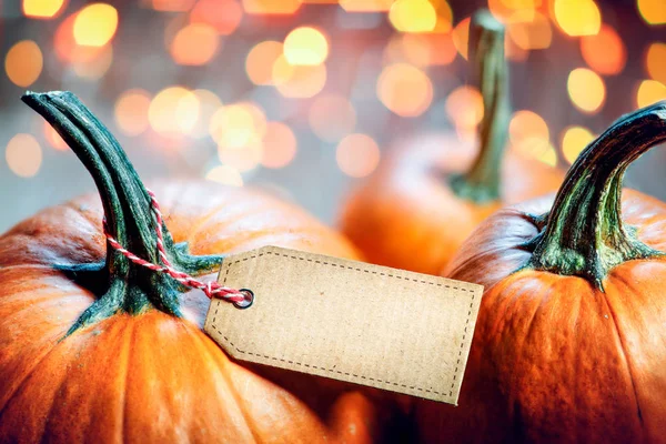 Pumpkins Empty Paper Tag Defocused Lights Greeting Card — Stock Photo, Image