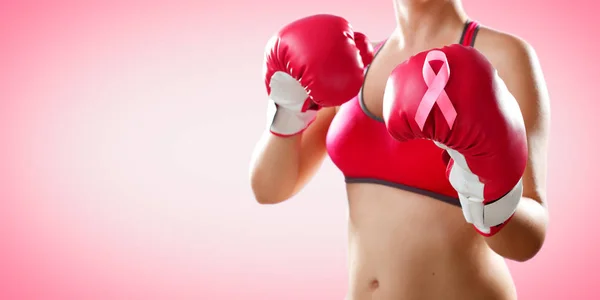 Lutte Contre Cancer Sein Boxer Femme Avec Gants Boxe Ruban — Photo