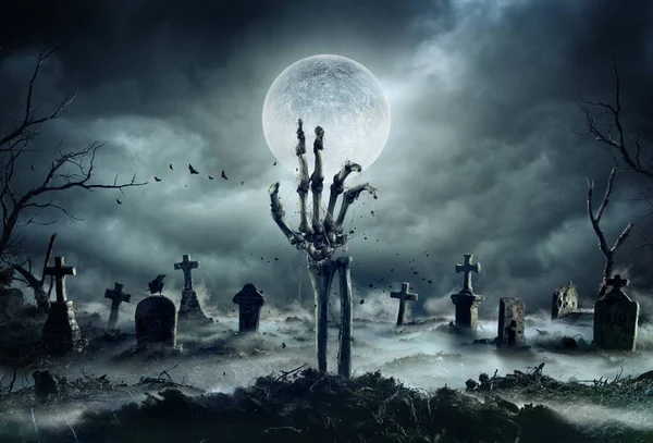 Skeleton Zombie Hand Rising Out Graveyard Halloween — Stock Photo, Image
