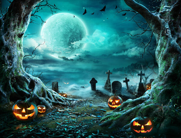 Jack 'O Lantern In Cemetery In Spooky Night With Full Moon - Halloween