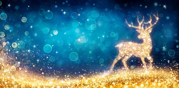 Christmas Magic Golden Deer Shiny Blue Background — 图库照片