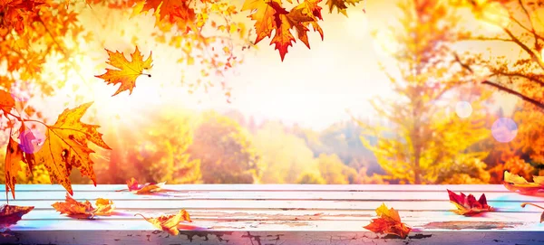 Herfsttafel Met Rode Gele Bladeren Met Wazig Zonsondergang Achtergrond — Stockfoto