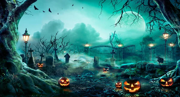 Jack Latarnie Cmentarzu Upiorną Noc Halloween Tło — Zdjęcie stockowe