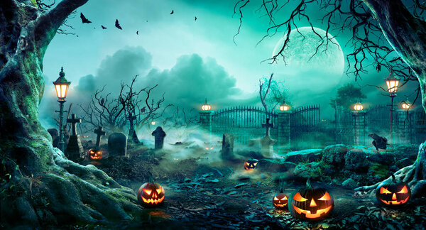Jack O' Lanterns In Graveyard In The Spooky Night - Halloween Backdrop
