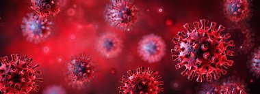 Covid-19 Or SARS-CoV-2 In Liquid - Coronavirus In Red Background - 3d Illustration clipart