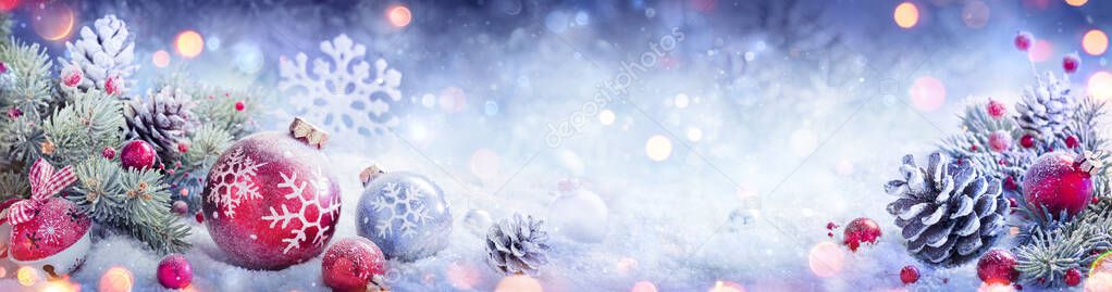 Christmas Decoration Banner - Snowy Ornament With Pinecones On Fir Branch And Defocused Lights