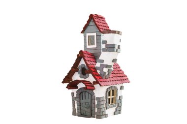 Ev modeli fotoğraf kolajları için izole edilmiş. Gün ışığında yan çekilmiş fotoğraflar.