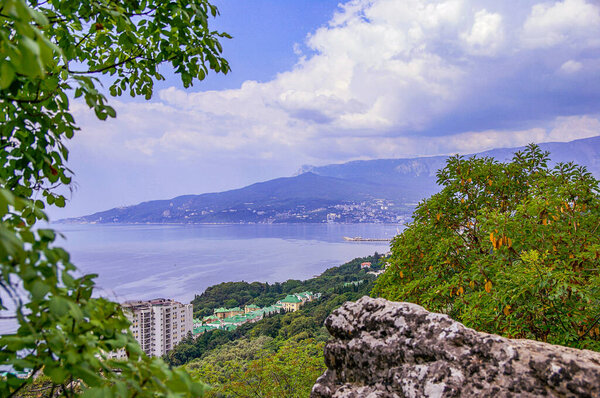 SONY DSC The views of the seaside city of Yalta from a high mountain are photographed in the clear sun in the summer.