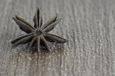 Ahşap arka planda anason yıldızı, yakından görünüm