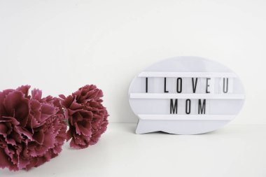 plastik konuşma kabarcık ve karanfil çiçekler stüdyo çekim, metin seni seviyorum anne