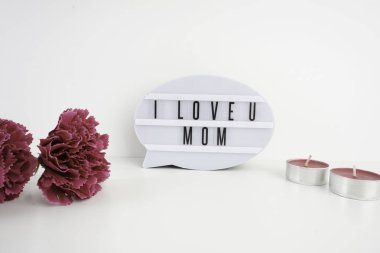 plastik konuşma kabarcık ve karanfil çiçekler stüdyo çekim, metin seni seviyorum anne