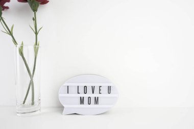 plastik konuşma kabarcık ve karanfil çiçekler stüdyo çekim, metin seni seviyorum anne