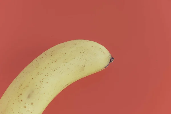 赤い背景の上に1つの黄色のバナナフルーツの部分的なビュー コピースペース — ストック写真