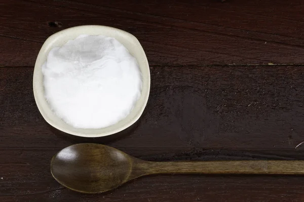 Heap White Soda White Bowl Plate Wooden Spoon — Stock Photo, Image