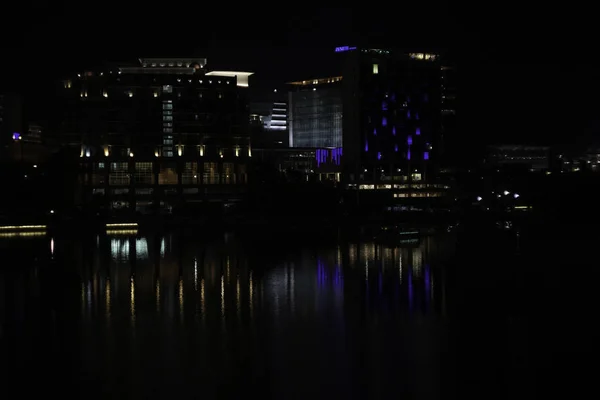 Imagen Borrosa Bokeh Iluminación Ciudad Con Edificios — Foto de Stock