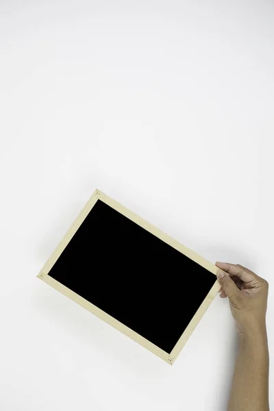 Hand Holding Black Board White Background — Stock Photo, Image