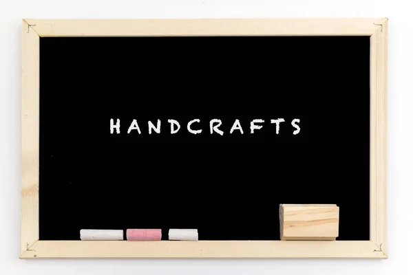 Wooden Blackboard Chalks Written Text Handcrafts — Stock Photo, Image