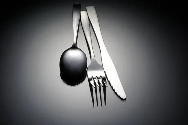 Besteck Edelstahlgabel Messer Und Löffel Auf Grauer Oberfläche — Stockfoto