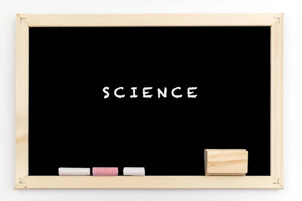 Wooden Blackboard Chalks Written Text Science — Stock Photo, Image