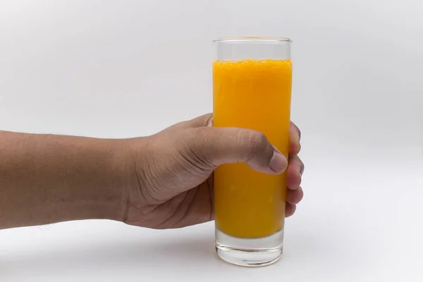 Hand Man Holding Glass Orange Juice Isolated Background — Stock Photo, Image