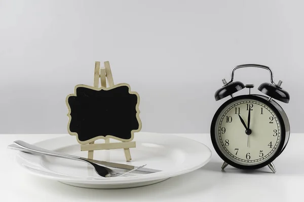 Set Fork Knife Plate Alarm Clock Showing Oclock Black Board —  Fotos de Stock