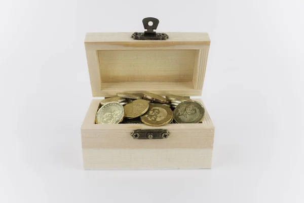 Business Financial Money Coins Wooden Box — Stock Photo, Image