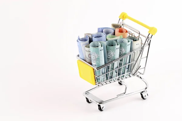 small metal shopping cart on wheels and money cash