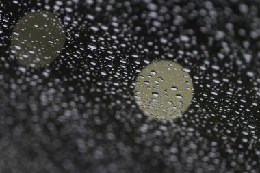 Seçici odak arkaplana sahip pencere camına su damlaları