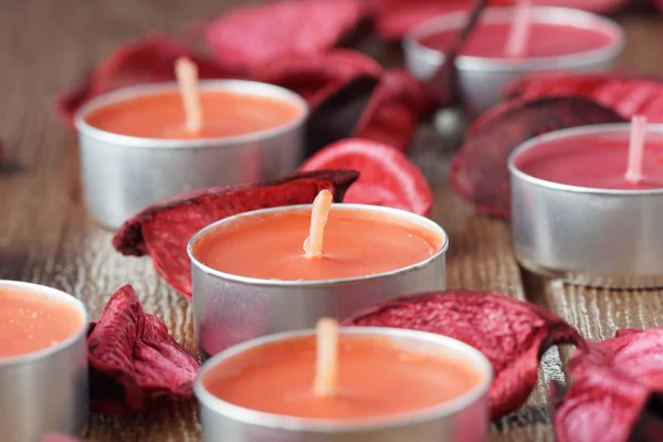 Wax Tablets Candles Red Roses Dry Petals — Stock Photo, Image