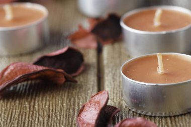 ahşap yüzeyüzerinde Tealight Mumlar ve kuru yaprakları yakın