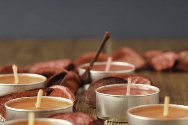 Aromaterapi mumlar, küçük yuvarlak mumlar, Tealight Mumlar ve kuru gül yaprakları