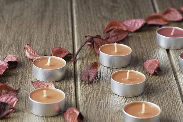 Tealight Candles Dry Petals Wooden Table — Stock Photo, Image