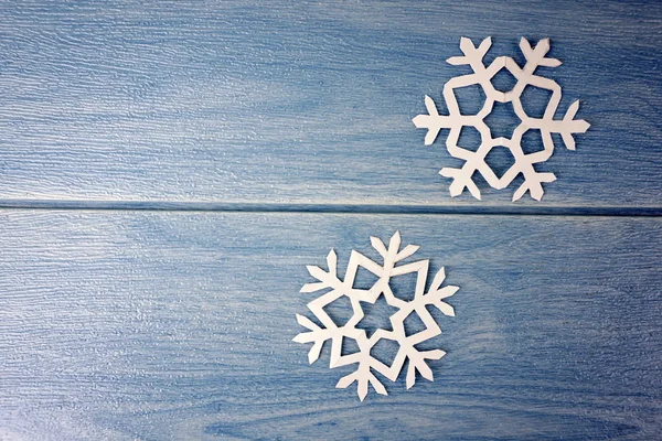 Origami Paper Snowflakes Blue Wooden Table Surface Winter Concept — Stock Photo, Image