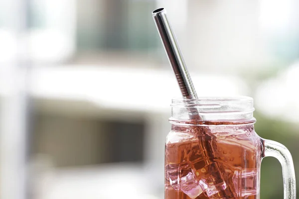 Cold Red Beverage Drink Glass Jar Ice Cubes Metallic Straw — Stock Photo, Image