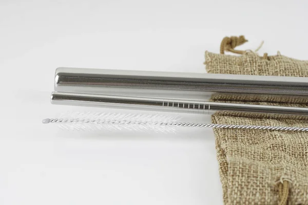 stainless steel tube straw on burlap bag