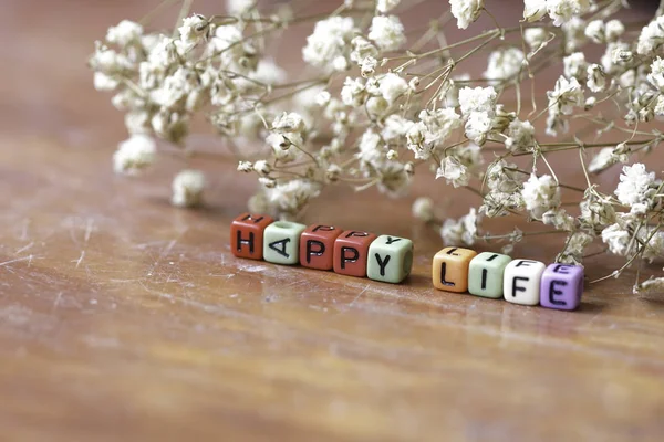 五颜六色的小珠与字母幸福的生活 干白的花朵背景 — 图库照片