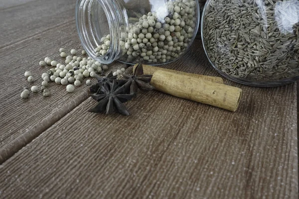 Star Anise Seeds Wooden Table Glass Jars — Stock Photo, Image